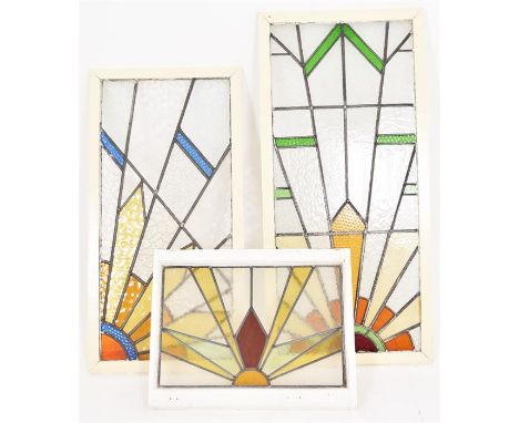 Three Art Deco style stained glass windows. Item 1 = H=105, W=49.5cm. Item 2 - H=91.5, W=46.5cm. Item 3 - H=57, W=44.5cm