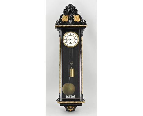 19th century Viennese string regulator with polychromed wooden clock case. Weekly timer with silent movement. Hairlines dial.