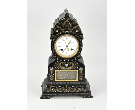 Ebonized French boulle clock with calendar (day + date). 19th century. Weekly timer with half-hour strike on bell, string pen