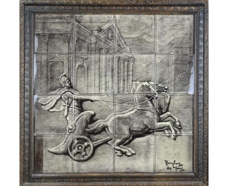 Antique Rozenburg The Hague fayence 16-pass tile tableau with Roman chariot decor. Circa 1910. Dimensions: 59 x 59 cm. In goo