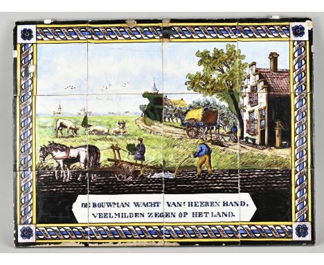 Early 19th century Dutch 12-pass tile tableau with decor of farm workers + saying. Circa 1800. Hairlines + restorations. Dime