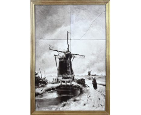 Antique 6-pass fayence tile tableau from Porceleyne Fles. Holland. After a painting by Louis Apol. Circa 1900. One tile with 