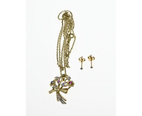 Set of gold jewelry, 585/000, with gemstones. A fine anchor necklace with a pendant in the shape of a bunch of flowers contai