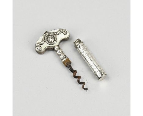 Silver corkscrew with sleeve, 800/000, corkscrew with an oval contoured handle decorated with mother-of-pearl inlay and a sil