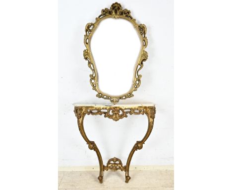 Baroque-style mirror with wall console + marble top. Period furniture. Second half of the 20th century. Dimensions: 174 x 85 