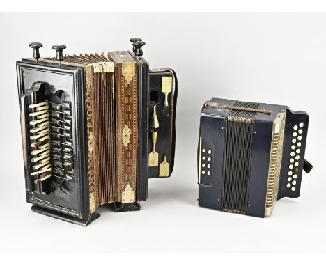 Two antique German accordions. First half 20th century. 1x With intarsia. 1x Black paint. Size: 27 - 47 cm. In decent shape.