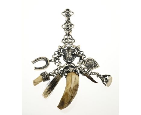 Hunting trophy, trouser clip, 800/000, with a crowned coat of arms with standing lions and 5 pendants with a horseshoe, a hea