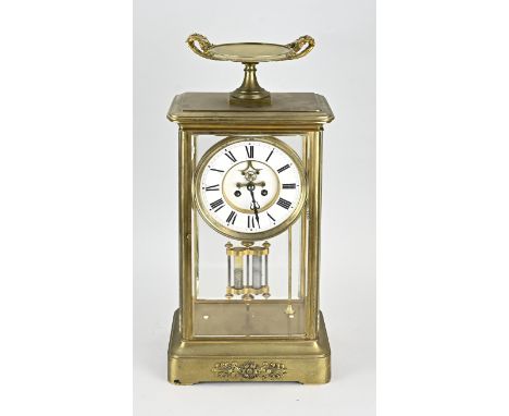 Very large antique French glass mantel clock with Brocot escapement + vase. Eight-day movement, half-hourly striking and spri