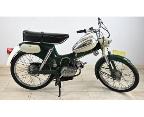 German oldtimer Puch Steyr Daimler moped. Type: MS 50 D. Color: Green/cream + chrome. With buddy seat. Older restoration. In 