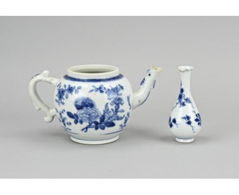 Two parts Chinese porcelain. 18th century. 1x Teapot with peonies, no lid, good. 1x Pipe vase, floral decor, with bottom mark