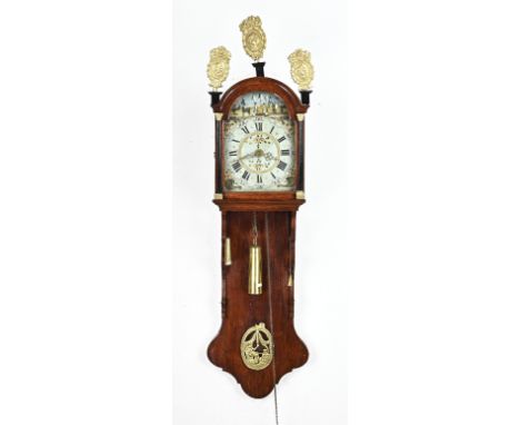 Antique Dutch oak Frisian tail clock with alarm clock and beautiful painted dial. Approximately 1800. Dimensions: 142 cm. In 