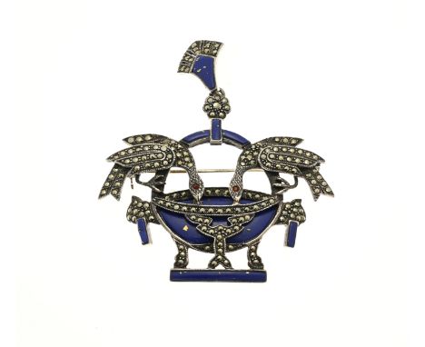 Silver pendant/brooch, 800/000, with lapis lazuli and marquesite. The pendant/brooch in the shape of a drinking trough, with 