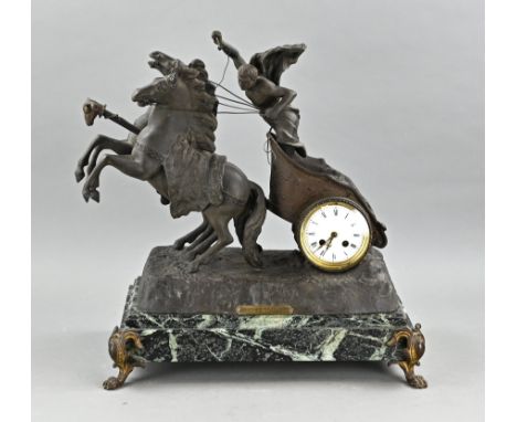 Antique French chariot mantel clock with marble base. Composition metal. Circa 1880. Eight-day movement, half-hourly striking