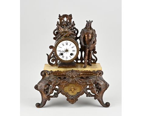 Antique composition metal mantel clock with gallier. France. Circa 1890. Eight-day movement, half-hourly striking, spring pen