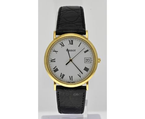 Yellow gold Tissot watch, 750/000, with a round case with white dial with date indication. Quartz, working. Ã¸ 32 mm. With a 