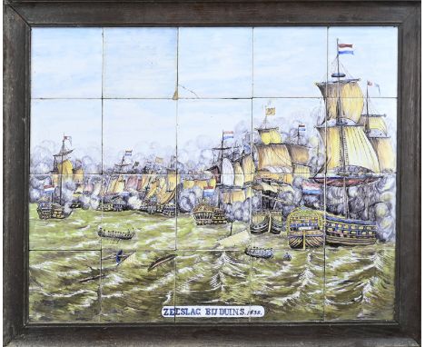 Antique Dutch polychrome fayence 20-pass tile tableau. Battle of Duins 1639. Two tiles damaged. Dimensions: 53 x 66 cm. In fa