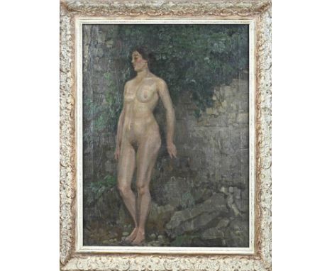 Paul Harnisch. Verso label of Almsick. German School. 1874 - . Female nude at outside wall. Oil on linen. Dimensions: H 77 x 