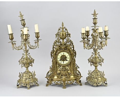 Antique French brass clock set. Historicism, neo-Renaissance. Eight-day movement, half-hourly striking, spring pendulum. One 