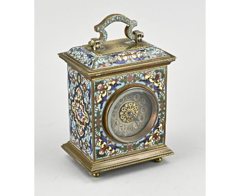 Antique French travel alarm clock with cloisonnÃ©. Marked EM &amp; Co. Half hour chime on spiral gong. Circa 1880. Dimensions