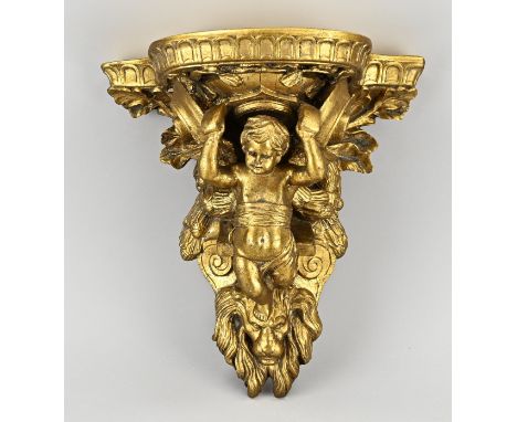 Italian, gilded wall console with putti. Composite. Second half of the 20th century. Dimensions: 35 cm. In good condition.