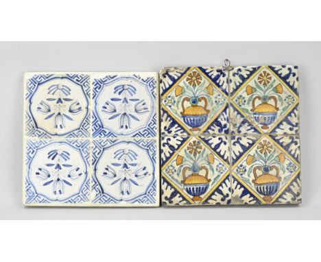 Two 17th century 4-step tile tableaus. Edge damage. Size: 26.5 - 27 cm. In good condition.