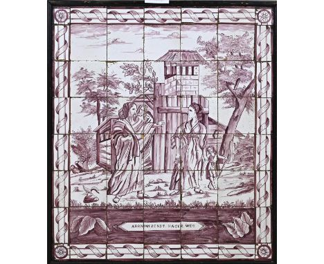 Large 18th century manganese-colored tile tableau. Abraham sends Hagar away. Consisting of 30x large tile, 22x edge tile, 4x 