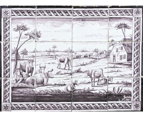 18th century Dutch 12-pass tile tableau in manganese color. Cows in landscape decor. Louis Seize. Minimal edge damage. Dimens
