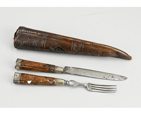 Antique travel cutlery, 18th century, in leather holder with decoration, with a knife and fork with a wooden handle with silv