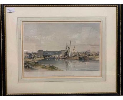 Hand-coloured Lithograph, "Railway Bridge over Regents Canal", J C Bourne, 1838.