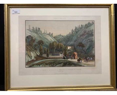 Hand Coloured Lithograph, "The Tomb of Napoleon at St Helena", by Ferogio after Marchand, 1840.