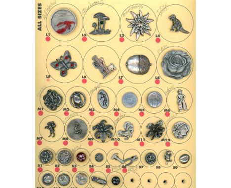 33 S/M/L 20th century pewter buttons including Battersea.This card includes a wonderful red tinted lobster scene from the Wis