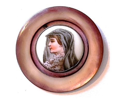 1 Large size 19th century pearl button with hand painted ceramic.Here is a beautiful example of a reddish dyed pearl set with