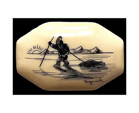 1 Large 20th century hand crafted fishing scene button.Here is another engraved and pigmented natural material in an a modifi