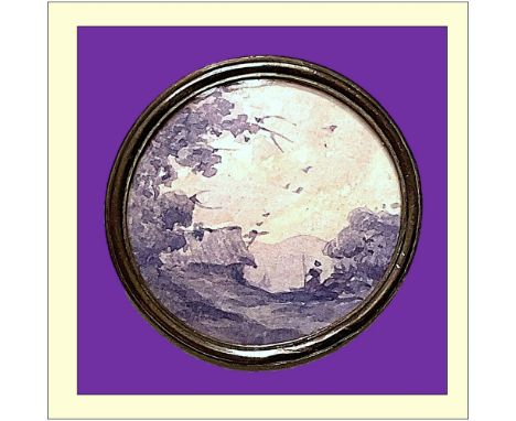 ! Large medium late 18th early 20th C. colored paper button.Here is a very interesting transitional purple colored paper scen