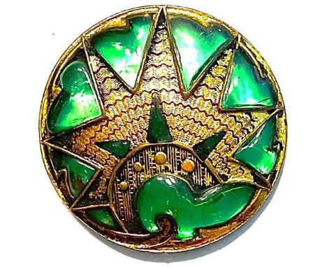 1 Medium size late 19th or early 20th C. arts and crafts button.This enamel button created in the Plique A Jour technique sho