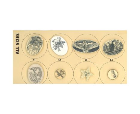 8 S/M/L 20th century pictorial plastic buttons.These detailed examples of late 20th century design were made to imitate the e