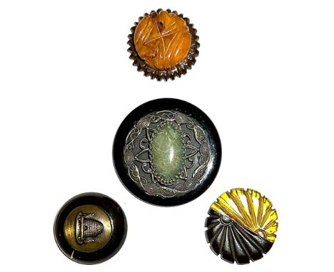 4 Large/Extra ;large 20th century buttons including pictorial.This small card includes a brass beehive set in a chunky Bakeli