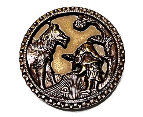 1 Large size 19th century detailed gnome button.This hard to find uncommon button depicts a wolf and Gnome and is very detail