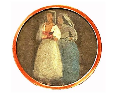 1 Large 18th C. figural painting on paper under glass button.This seemingly naivete depiction thatï¿½s hand colored on paper 
