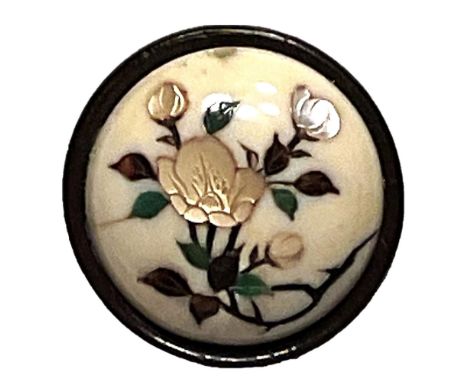 1 Medium size late 19th century Japanese inlay button.This example of Shibayama work from Japan is more unusual than most as 