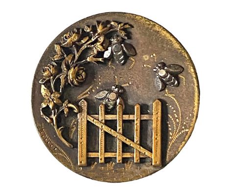 1 Large 19th century tole background button with Bees.From the collection of the late Shirley Case of Missouri. This brass pi