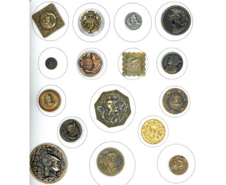 16 S/M/L 19th/20th Century assorted head buttons.This card includes mostly brass examples in a variety of sizes and shapes. F