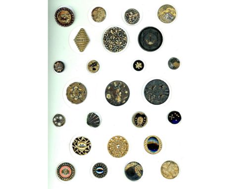 25 S/M/L 19th/20th century gold lustered black glass buttons.This card includes a variety of gold lustered black glass all of