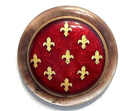 1 Large size late 19th century Fleur de Lis pattern button.This red Basse Taille enamel is encased with gold foil shaped Fleu