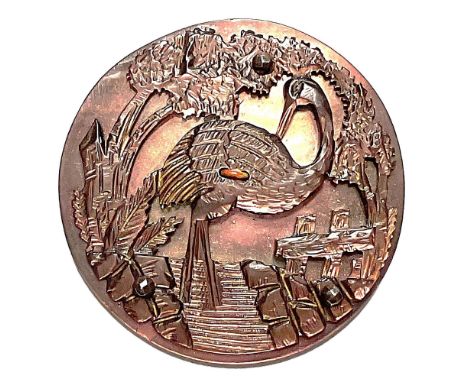 1 X-Large 19th century deeply carved crane sew thru button.This extra large example shows a crane and scene carved from the s