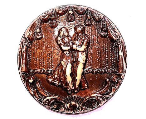 1 Large 20th century copper colored figural button.These plastic electroplated finished buttons with a "D" in a diamond shape