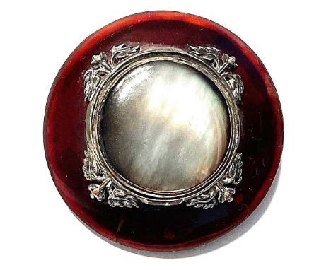 1 Large 19th century 3 material button in cherry colored horn.This exquisite example of craftsmanship utilizes a variety of m