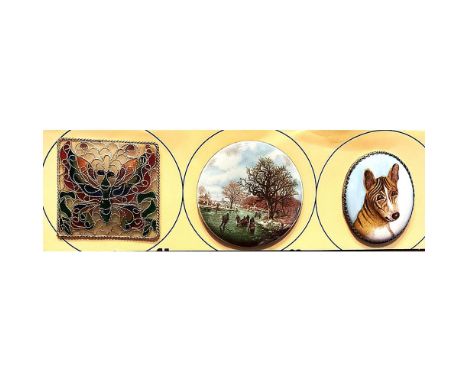 3 Large 20th century pictorial enamels including Plique a Jour.From the collection of Nikki Deal comes this small assortment 