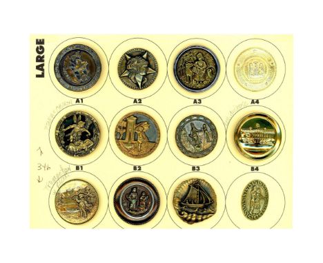 12 Large 19th/20th century assorted picture buttons mostly brass.From the collection of Nikki Deal of Missouri, now Washingto