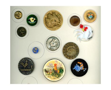 13 S/M/L 19th &amp; 20th century roosters in assorted materials.This nice lot includes a large medium green paperweight with 